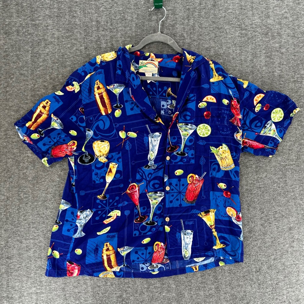 VTG Paradise Found Mens XL Blue Rayon Cocktail Martini Tiki Hawaiian Shirt
